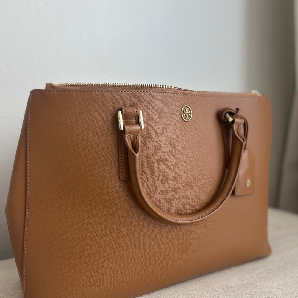Tory Burch Brown Leather Tote with detachable crossbody strap and dust bag